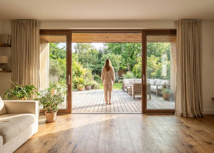 Une femme regarde son jardin depuis un salon lumineux aux menuiseries en bois assorties et parquet en chêne.