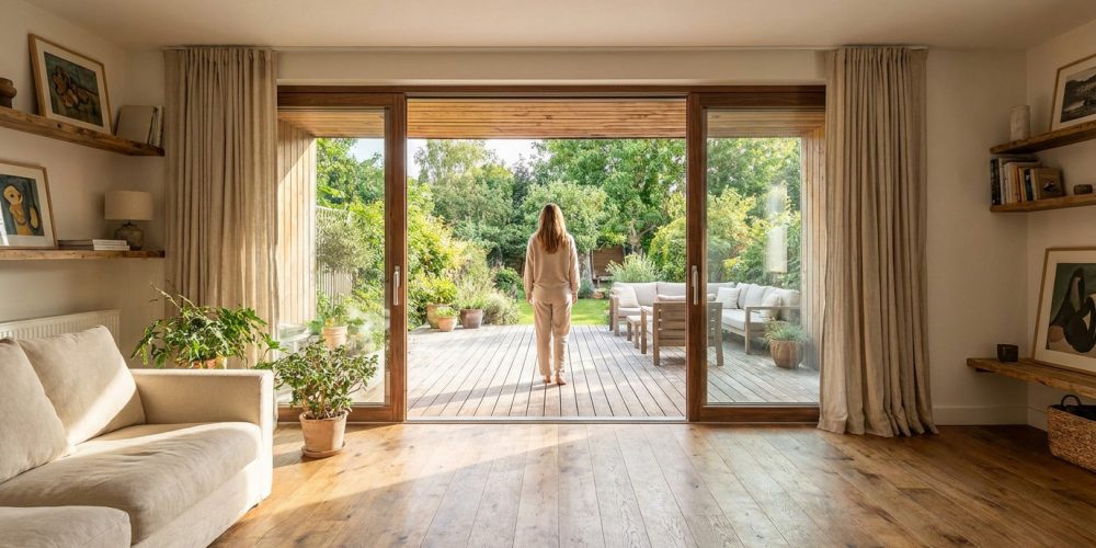 Une femme regarde son jardin depuis un salon lumineux aux menuiseries en bois assorties et parquet en chêne.