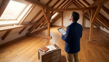 Un expert en costume inspecte un grenier spacieux avec une charpente en bois apparente et une tablette numérique.