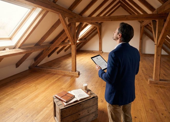 Un expert en costume inspecte un grenier spacieux avec une charpente en bois apparente et une tablette numérique.