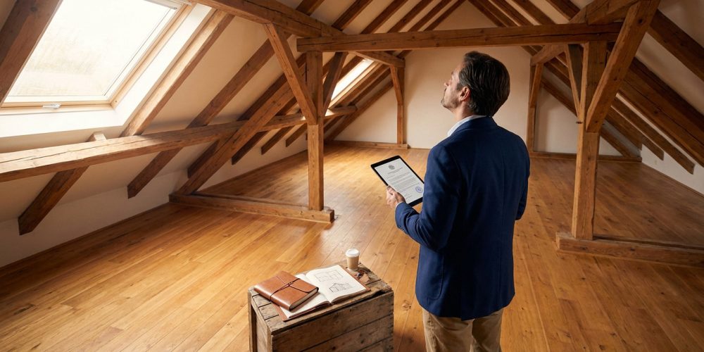 Un expert en costume inspecte un grenier spacieux avec une charpente en bois apparente et une tablette numérique.