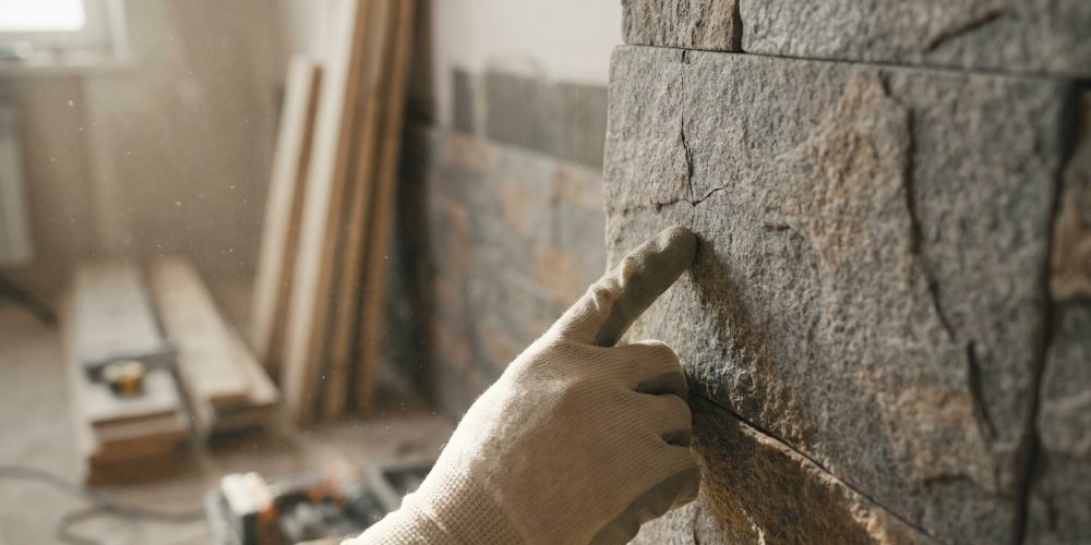 Une main gantée pointe une fissure sur un mur en parement de pierre, dans un environnement de chantier poussiéreux.