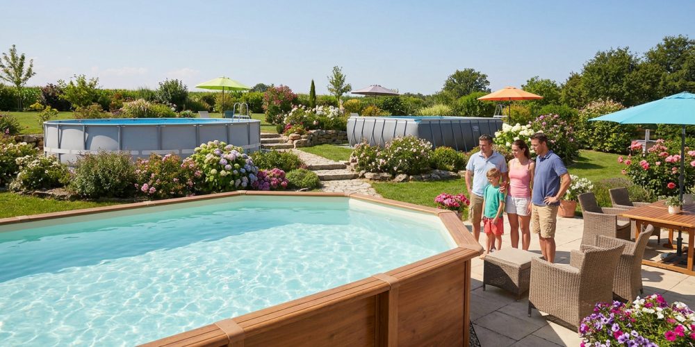 Une famille debout dans un jardin aménagé avec plusieurs piscines hors-sol de styles différents.
