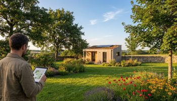 Homme consultant une tablette avec plan de jardin, devant une cabane moderne à toit végétal et panneaux solaires, entourée d'un jardin fleuri.