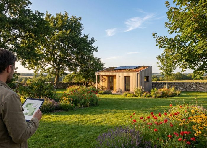 Homme consultant une tablette avec plan de jardin, devant une cabane moderne à toit végétal et panneaux solaires, entourée d'un jardin fleuri.