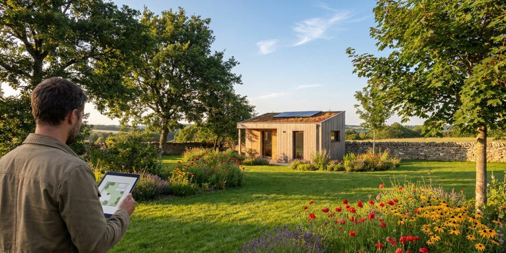 Homme consultant une tablette avec plan de jardin, devant une cabane moderne à toit végétal et panneaux solaires, entourée d'un jardin fleuri.