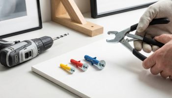 Une perceuse sans fil, trois chevilles Molly (jaune, rouge, bleue) sur du BA13, et une main avec pince à cheville Molly.