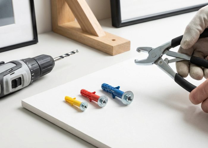 Une perceuse sans fil, trois chevilles Molly (jaune, rouge, bleue) sur du BA13, et une main avec pince à cheville Molly.