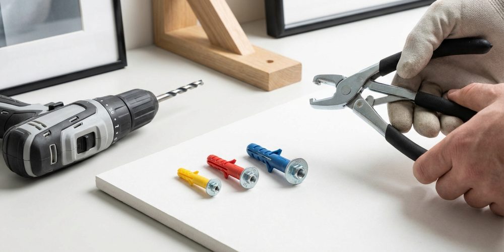 Une perceuse sans fil, trois chevilles Molly (jaune, rouge, bleue) sur du BA13, et une main avec pince à cheville Molly.