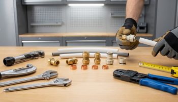 Des mains gantées assemblent un raccord sur un tuyau en plastique. Des outils (coupe-tubes, clés) et divers raccords sont sur l'établi.