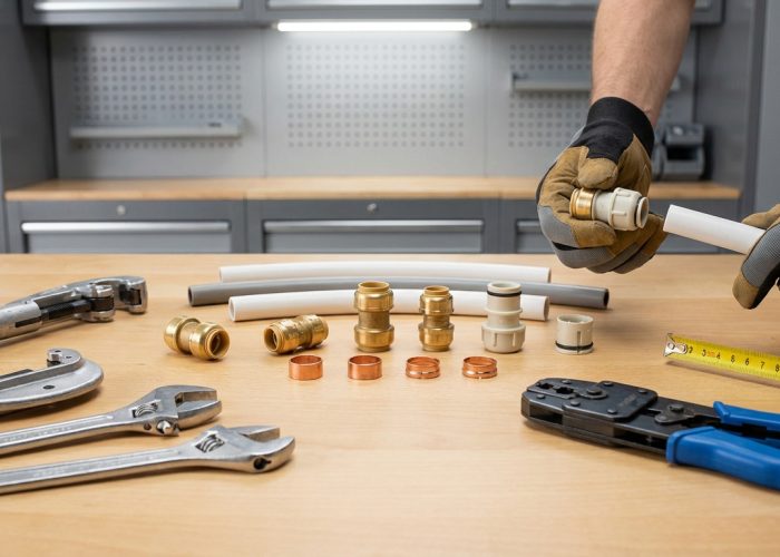 Des mains gantées assemblent un raccord sur un tuyau en plastique. Des outils (coupe-tubes, clés) et divers raccords sont sur l'établi.