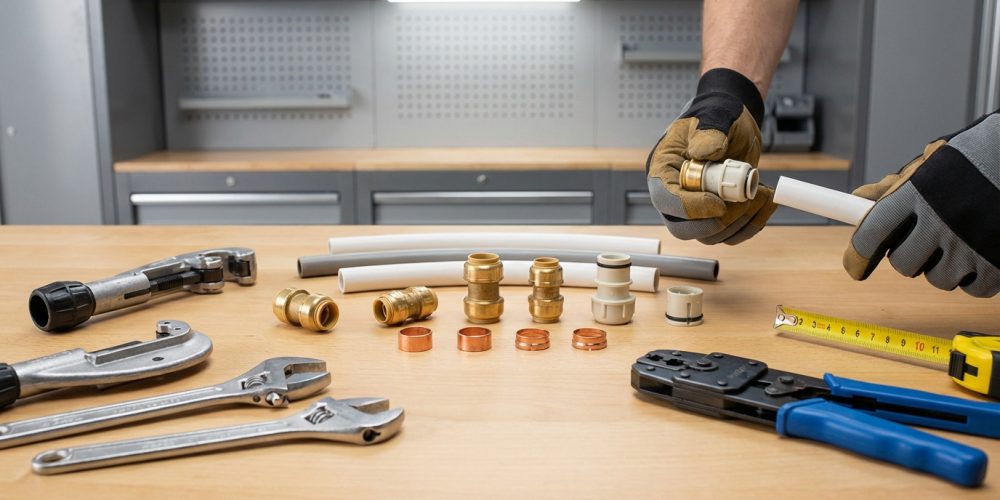 Des mains gantées assemblent un raccord sur un tuyau en plastique. Des outils (coupe-tubes, clés) et divers raccords sont sur l'établi.