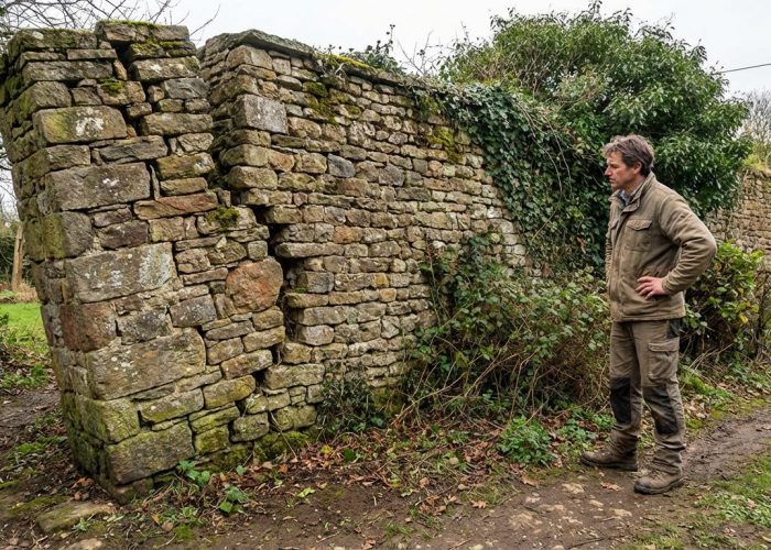 Un homme en tenue de travail inspecte un vieux mur en pierre visiblement penché et fissuré, envahi par la végétation.