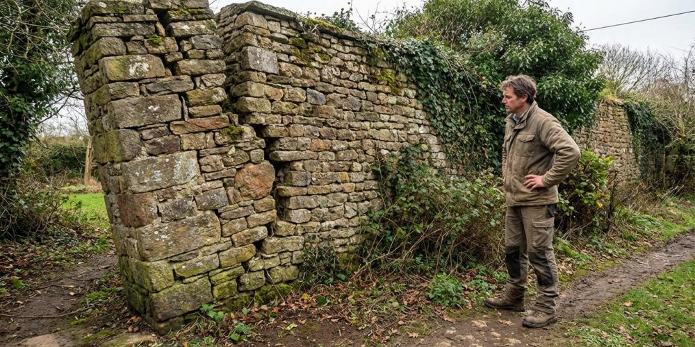 Un homme en tenue de travail inspecte un vieux mur en pierre visiblement penché et fissuré, envahi par la végétation.
