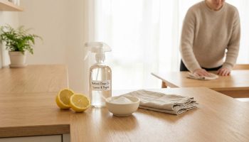 Une personne nettoie une table en bois. Au premier plan, citrons, vaporisateur de nettoyage naturel, poudre blanche et chiffon.