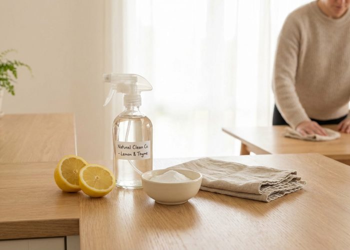 Une personne nettoie une table en bois. Au premier plan, citrons, vaporisateur de nettoyage naturel, poudre blanche et chiffon.