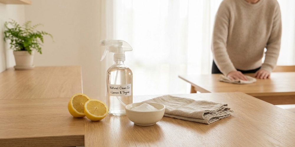 Une personne nettoie une table en bois. Au premier plan, citrons, vaporisateur de nettoyage naturel, poudre blanche et chiffon.