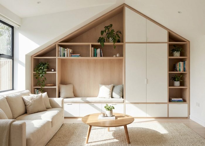 Salon lumineux avec canapé beige, table basse, et bibliothèque sur mesure intégrant un banc sous une mansarde en bois clair.