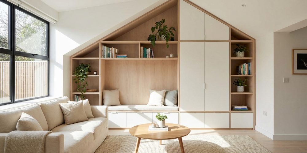 Salon lumineux avec canapé beige, table basse, et bibliothèque sur mesure intégrant un banc sous une mansarde en bois clair.