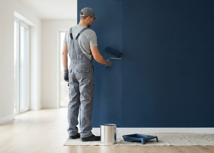 Homme en combinaison grise et casquette peignant un mur en bleu foncé avec un rouleau. Seau et bac à peinture au sol.