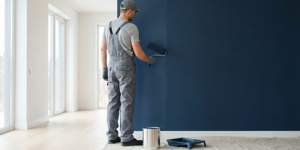 Homme en combinaison grise et casquette peignant un mur en bleu foncé avec un rouleau. Seau et bac à peinture au sol.