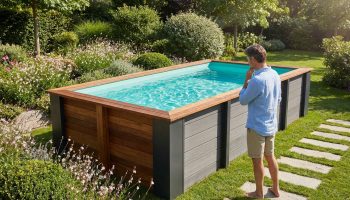 Piscine hors sol rectangulaire avec habillage gris et margelle bois, dans un jardin fleuri. Un homme pieds nus l'observe.