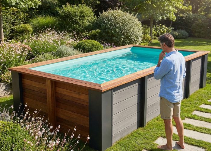 Piscine hors sol rectangulaire avec habillage gris et margelle bois, dans un jardin fleuri. Un homme pieds nus l'observe.