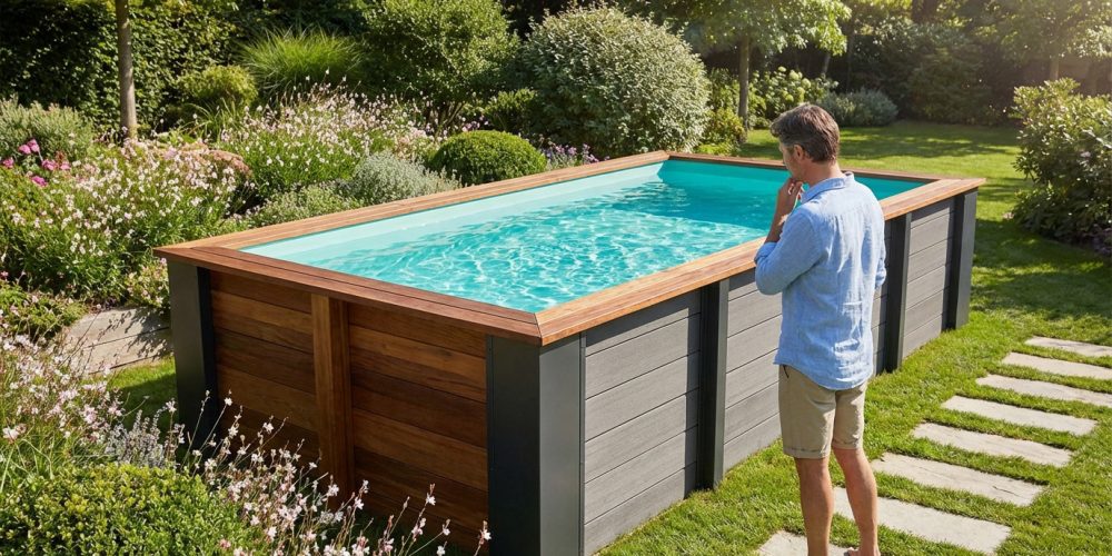 Piscine hors sol rectangulaire avec habillage gris et margelle bois, dans un jardin fleuri. Un homme pieds nus l'observe.