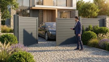 Un homme ouvre un portail battant motorisé gris avec une télécommande devant une maison moderne et une voiture.