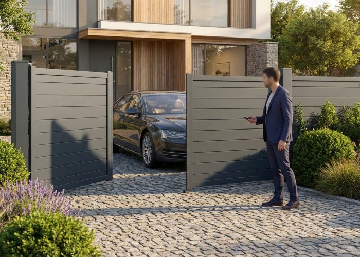 Un homme ouvre un portail battant motorisé gris avec une télécommande devant une maison moderne et une voiture.