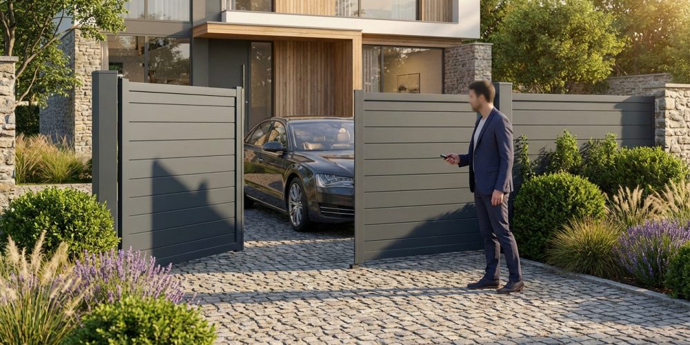 Un homme ouvre un portail battant motorisé gris avec une télécommande devant une maison moderne et une voiture.