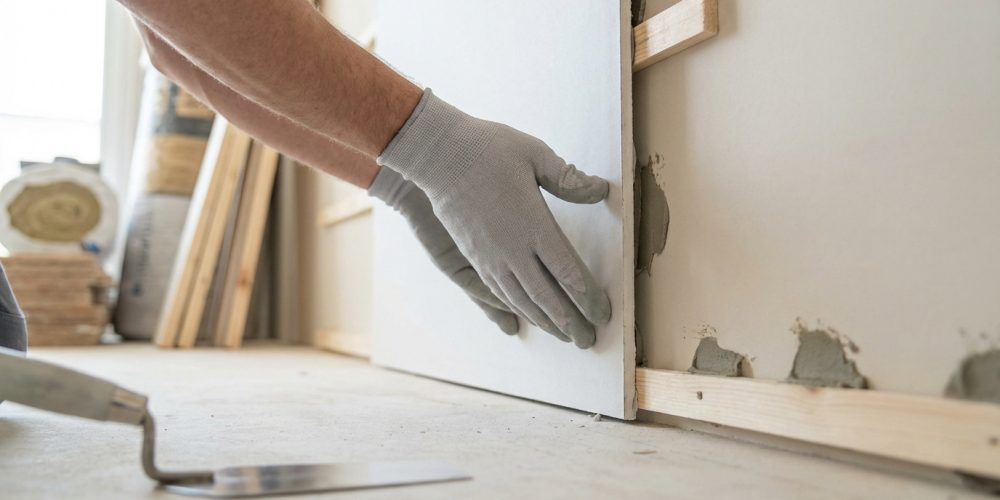 Mains gantées installant une plaque de plâtre sur un mur avec de la colle et des tasseaux en bois, truelle au sol.