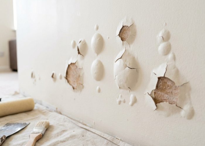 Mur avec cloques et peinture décollée. Rouleau, spatule et pinceau au premier plan pour la réparation.