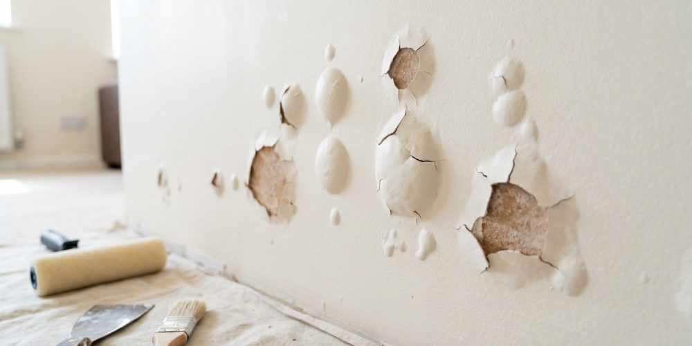 Mur avec cloques et peinture décollée. Rouleau, spatule et pinceau au premier plan pour la réparation.