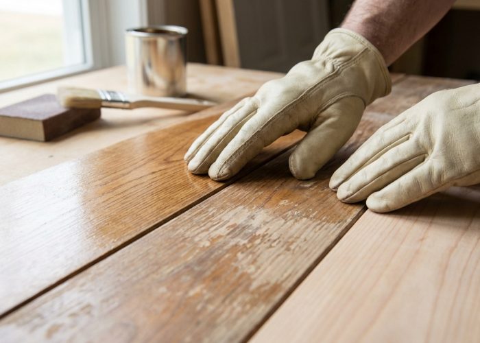 Gants appliquant un vernis sur du bois. Planches brute et dégradée, ponceuse, pot de peinture visibles sur une table.