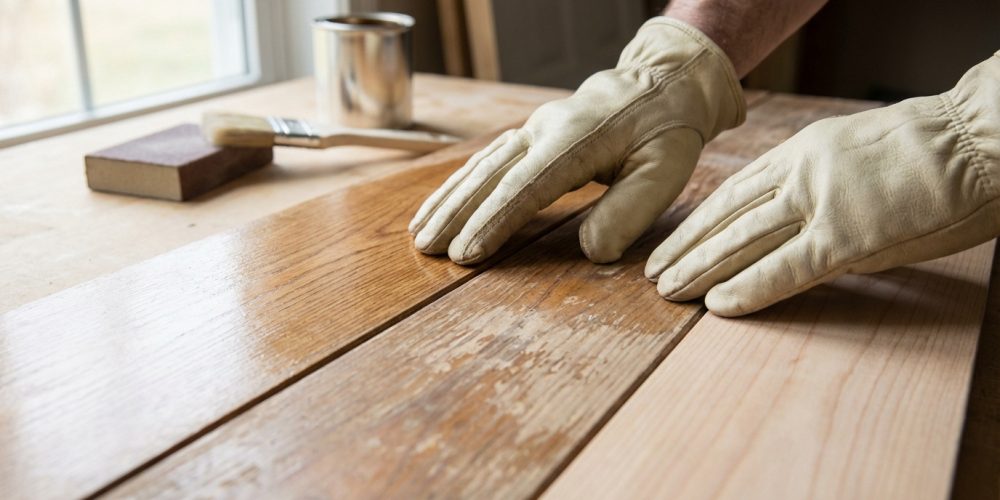 Gants appliquant un vernis sur du bois. Planches brute et dégradée, ponceuse, pot de peinture visibles sur une table.