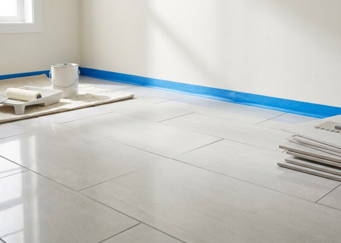 Pièce en rénovation avec murs peints, ruban de masquage bleu, rouleau à peinture et carrelage clair au sol avec outils.