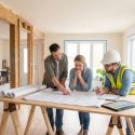 Un couple et un expert Gospi en casque de chantier discutent des plans d'un projet de rénovation de maison sur une table.
