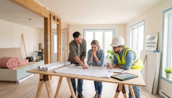 Un couple et un expert Gospi en casque de chantier discutent des plans d'un projet de rénovation de maison sur une table.