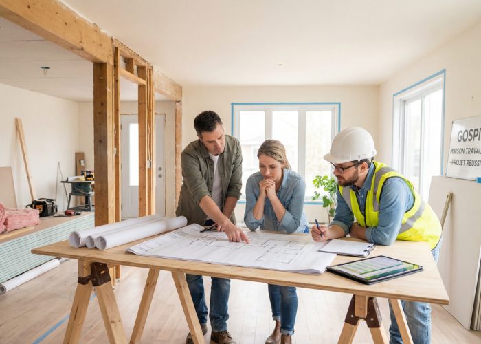 Un couple et un expert Gospi en casque de chantier discutent des plans d'un projet de rénovation de maison sur une table.