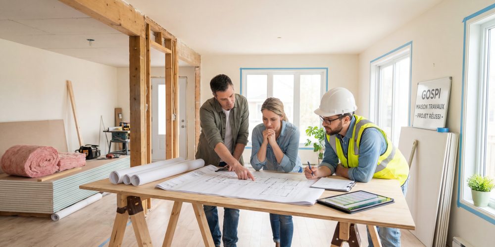 Un couple et un expert Gospi en casque de chantier discutent des plans d'un projet de rénovation de maison sur une table.
