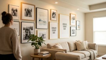 Femme admirant un mur galerie avec photos de famille encadrées, œuvres abstraites et affiches, au-dessus d'un canapé beige.