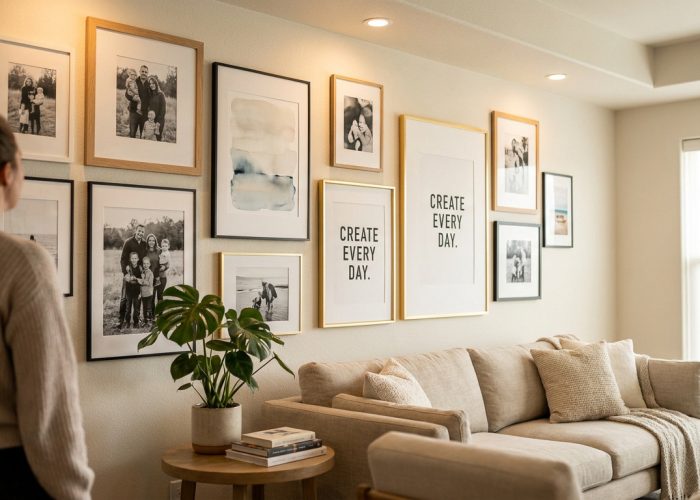 Femme admirant un mur galerie avec photos de famille encadrées, œuvres abstraites et affiches, au-dessus d'un canapé beige.
