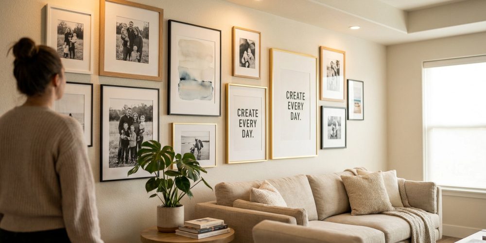 Femme admirant un mur galerie avec photos de famille encadrées, œuvres abstraites et affiches, au-dessus d'un canapé beige.