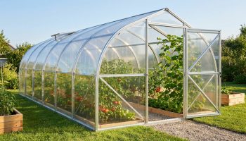 Serre tunnel de jardin transparente avec structure en aluminium, remplie de plants de tomates mûrs. Porte ouverte sur une allée de gravier.