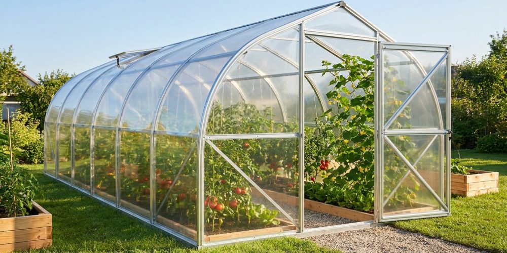 Serre tunnel de jardin transparente avec structure en aluminium, remplie de plants de tomates mûrs. Porte ouverte sur une allée de gravier.