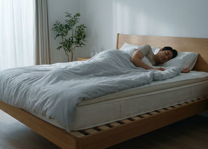 Un homme dort paisiblement dans un lit doté d'un sommier à lattes en bois dans une chambre lumineuse.