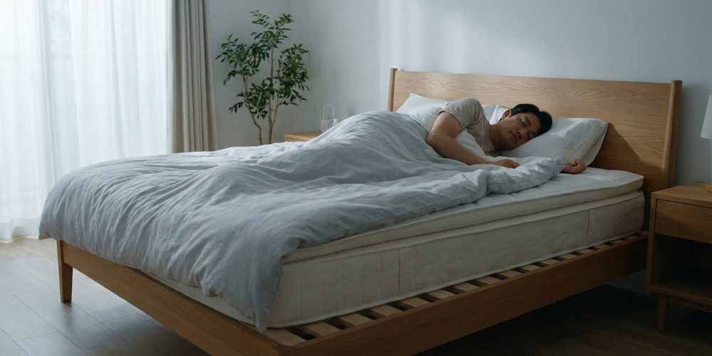 Un homme dort paisiblement dans un lit doté d'un sommier à lattes en bois dans une chambre lumineuse.