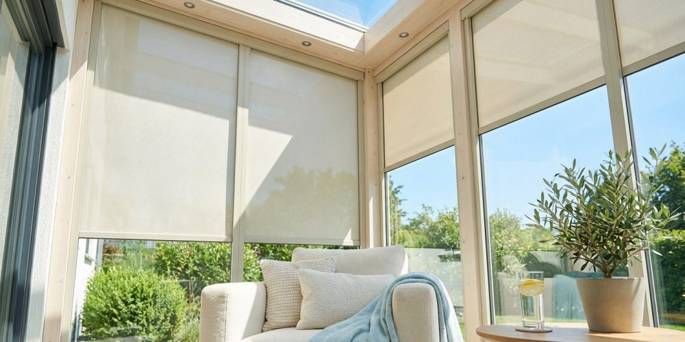 Intérieur de véranda lumineuse avec stores enrouleurs crème baissés, un fauteuil confortable et une plante verte pour le confort estival.
