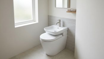 WC blanc avec lavabo intégré compact, robinet chromé, carrelage mural gris clair, fenêtre givrée et serviettes sur étagère.